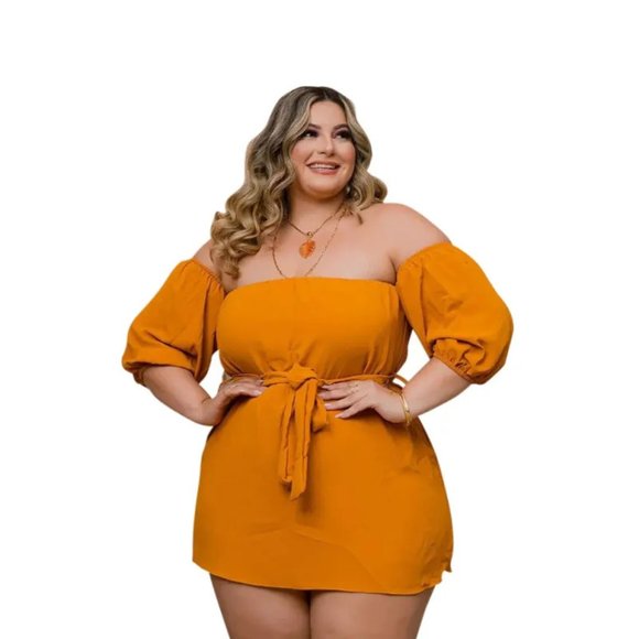 Plus Size Orange One-Shoulder Solid Color Strap Shorts Two-Pieces - Picture 6 of 13